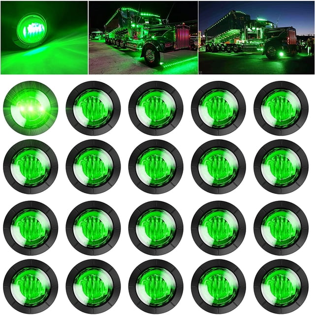 Luces LED de gálibo laterales redondas de 3/4", intermitentes delanteros y traseros, impermeables, para remolques, camiones, autobuses, furgonetas y camionetas (20 luces LED verdes)