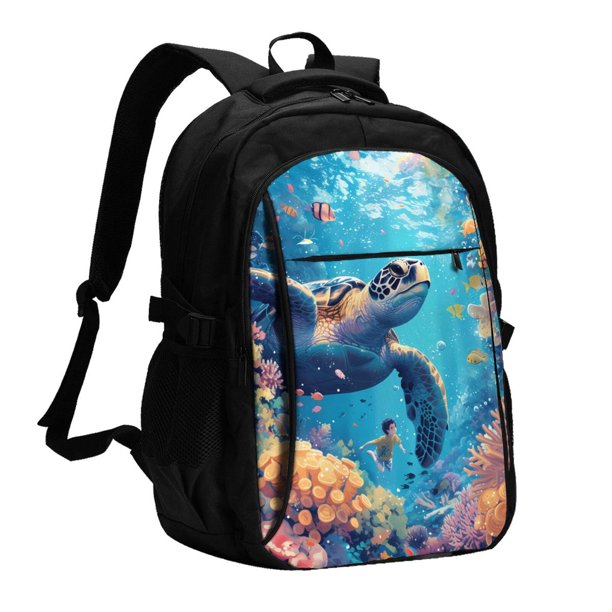Balery Colorful Underwater Plant Turtle Mochila con carga USB para hombre y mujer - Mochila impermeable y antirrobo para portátil con puerto USB para viajes, trabajo, estudios y universidad