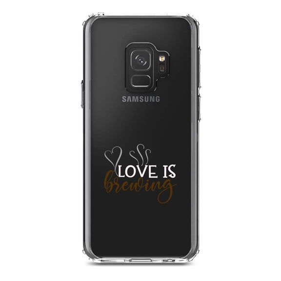 DistinctInk Clear Shockproof Hybrid Case for Samsung Galaxy S9 (5.8" Screen) - TPU Bumper Acrylic Back Tempered Glass Screen Protector - Love is Brewing - Coffee