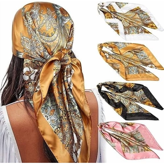 35” Satin Large Square Head Scarves - 4PCS Silk Like Neck Scarf Hair Sleeping Wraps Satin Silk Scarfs for Women