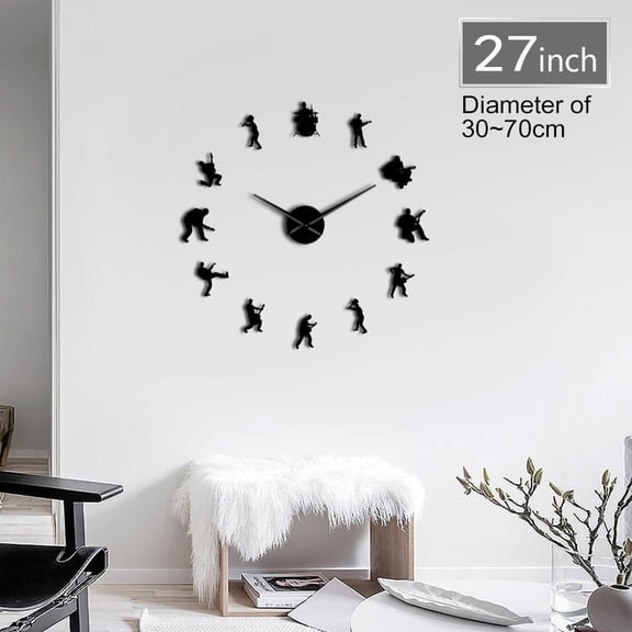 Modern Music Band 3D Mute DIY Wall Clock Drum Set Guitar Player Home Wall Decor Self Adhesive Acrylic Mirror Effect Clock Watch(Black,27inch)
