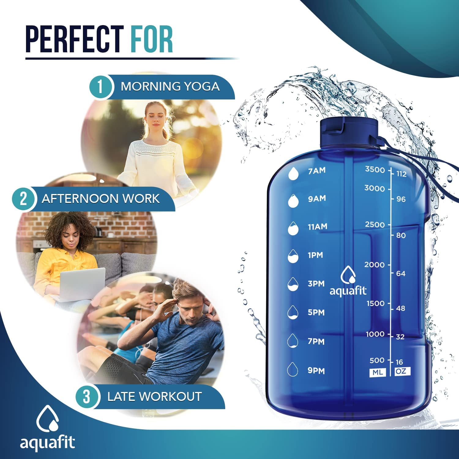 AQUAFIT - Water Bottle with Straw - Motivational Big Water Bottle with Time Marker - 1 Gallon, Dark Blue