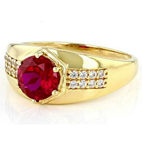 3Ct Round Cut Simulated Ruby Men's Wedding Band Ring 14K Yellow Gold Over Silver