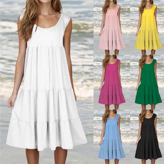 Gspmoly Robes Décontractées pour Femmes, Mode Femme Vacances Été Couleur Unie Sans Manches Robe de Fête Plage Robes d'Été pour Femmes Articles en Liquidation