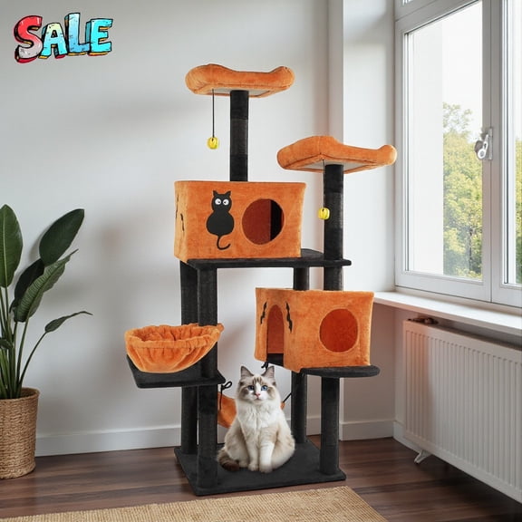 Tcbosik 60" Tall Cat Tree with Double Condos, Padded Perches & Sisal Scratching Posts – Multi-Level Activity Tower for Cats, Orange & Black