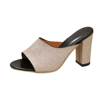 

kakina CMSX Sandals for Women Coarse Heel High Heel Slippers For Women Straight Line Sequins Fish Mouth Sandals For Women Gold 9