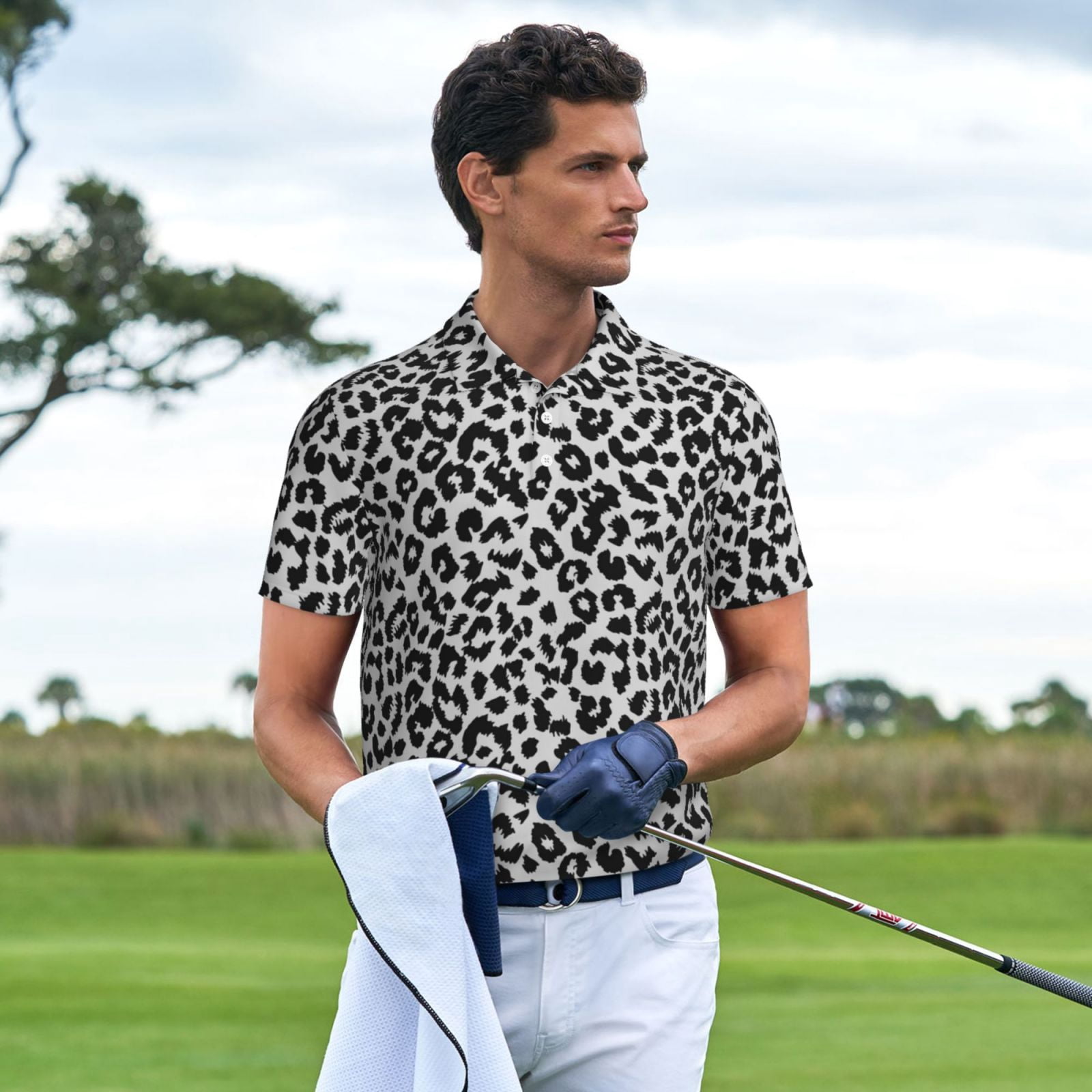 Vsdgher Similar To Leopard Print Print Men's Short Sleeve Stretch Polo Shirt, Moisture-Wicking Performance Polo Shirt