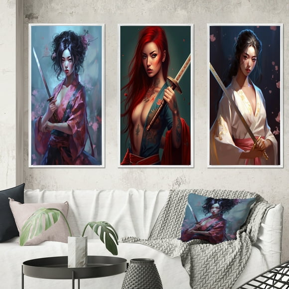 Designart "Cyberpunk Samurai Warrior III" Japon Woman Framed Wall Art Set Of 3 - White Woman Japon Frame Gallery Set For Office Decor