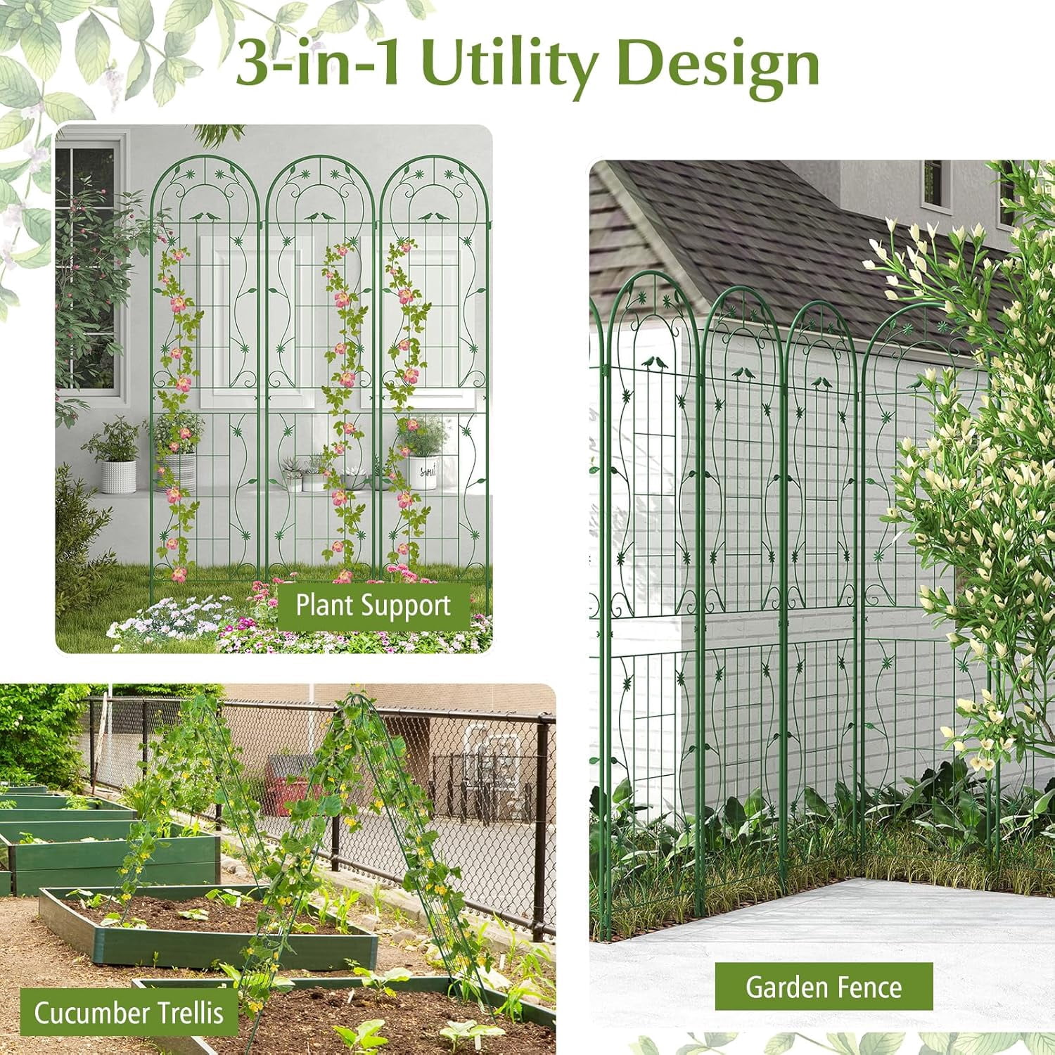 CHTER 2 Pack Garden Trellis, 7.2 FT Tall Galvanized Steel Trellis for Climbing Plants Outdoor for Patio Lawn Wall Decor, Plant Trellis for Vine Cucumber Tomato Flower Clematis Roses, Green