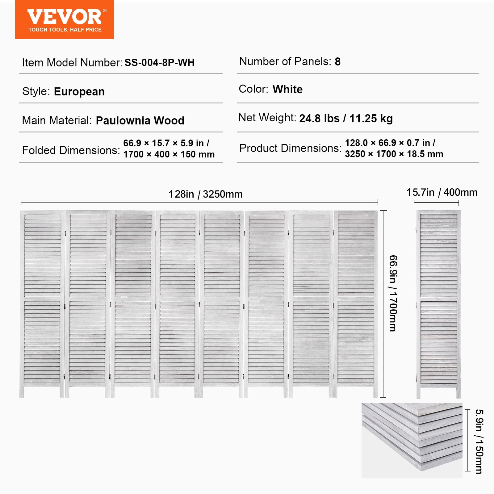 VEVOR Wood Room Divider, 8 Panel Wood Folding Privacy Screen, 66.9 Inches&nbsp;Tall Indoor Louvered Wooden Partition, Portable Decoration Screen, for Room Separation,&nbsp;Home