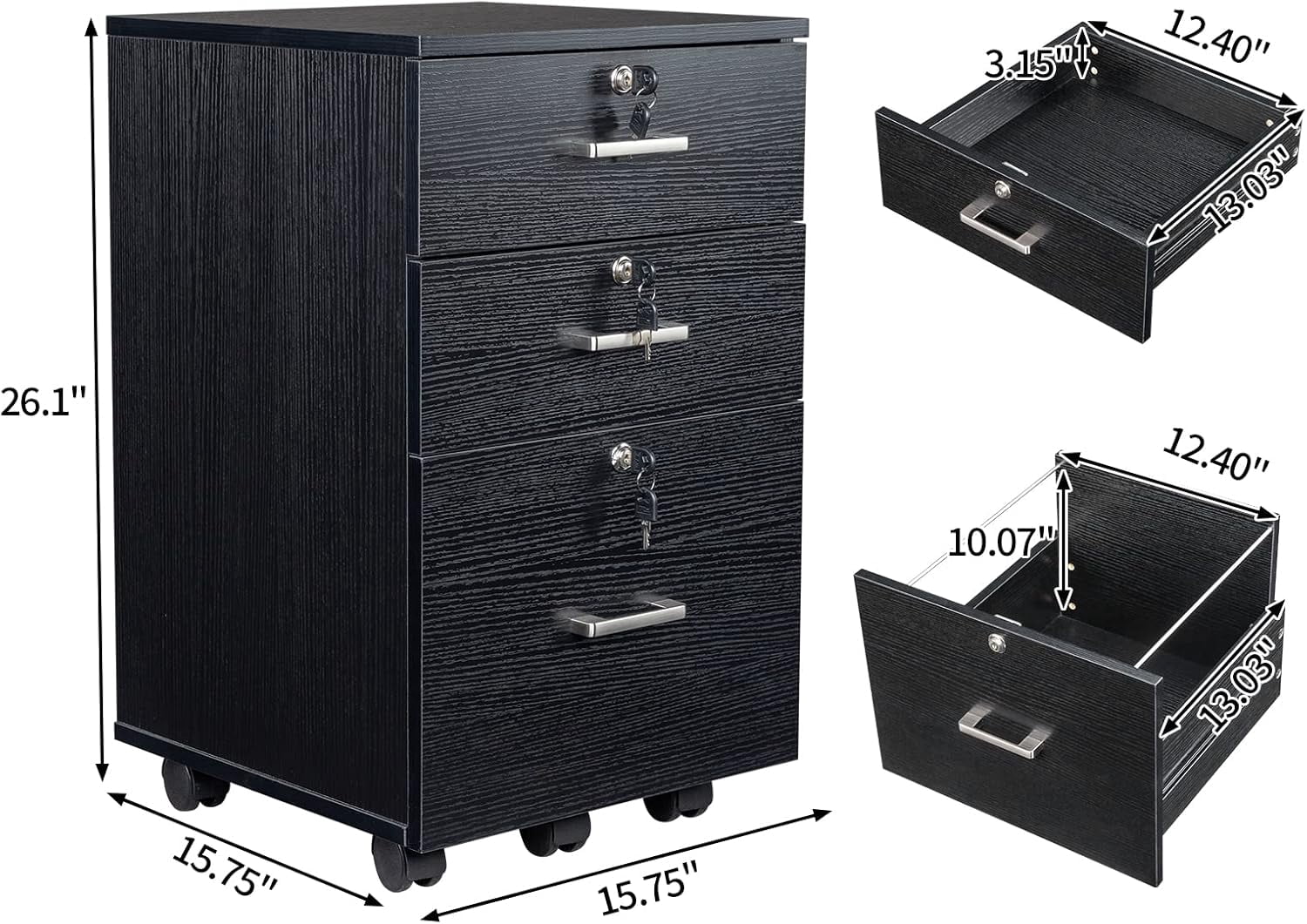 Black Wooden File Cabinet, 3 Drawer Vertical File Cabinets with 3 Lock,Printer Stand Mobile Storage Cabinet,Filing Storage Drawer for Home,Office,Black(15.75" L x 15.75" W x 26.1" H)