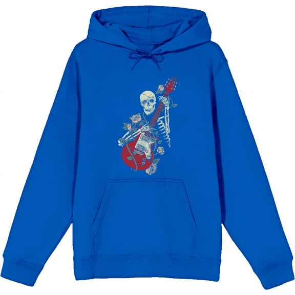 Skeleton Guitar Edgy Music Rose Adult Blue Long Sleeve Hoodie-Large