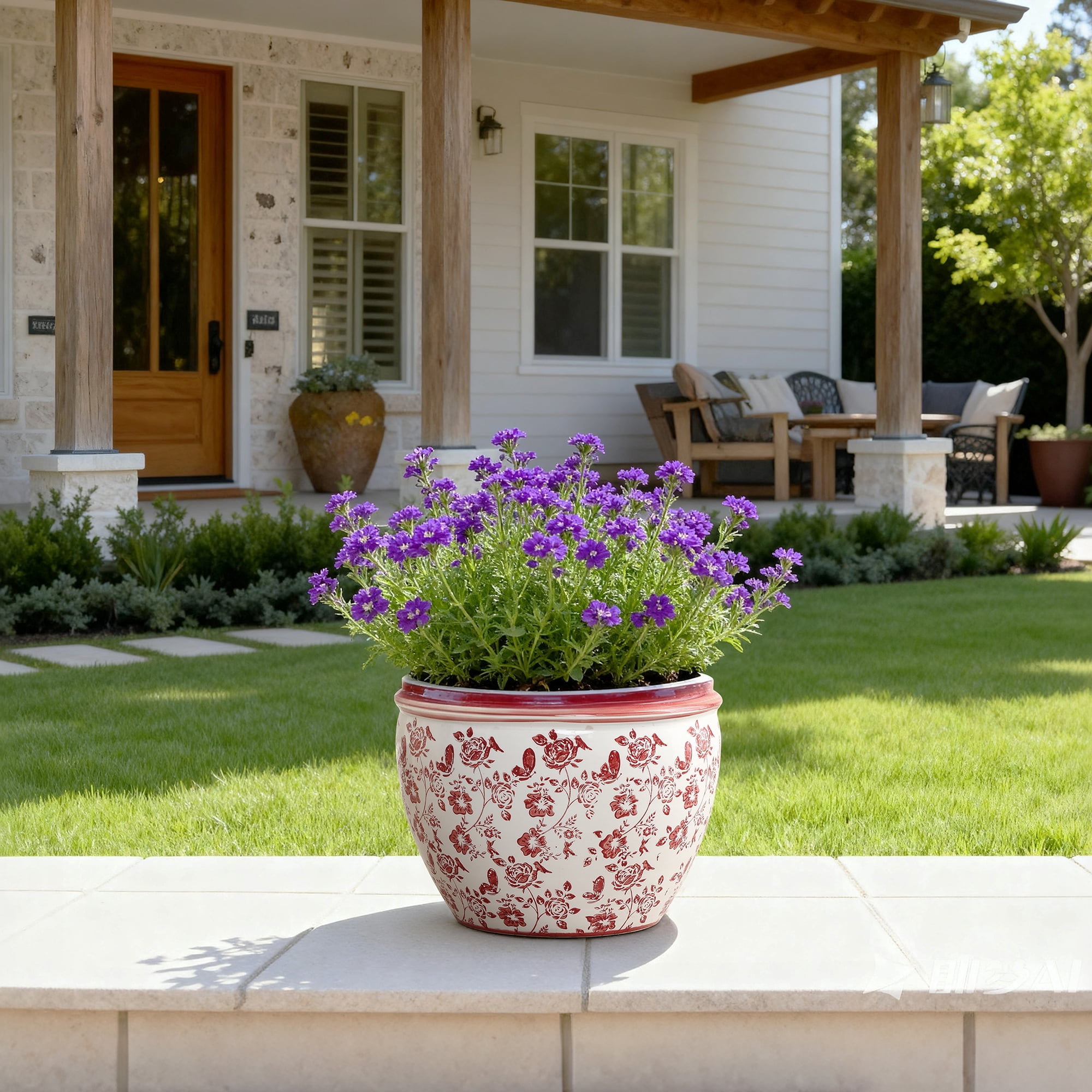 LuxenHome 11.5" Dia Red and White Round Planter Pot, Large Ceramic Flower Pot with Drainage