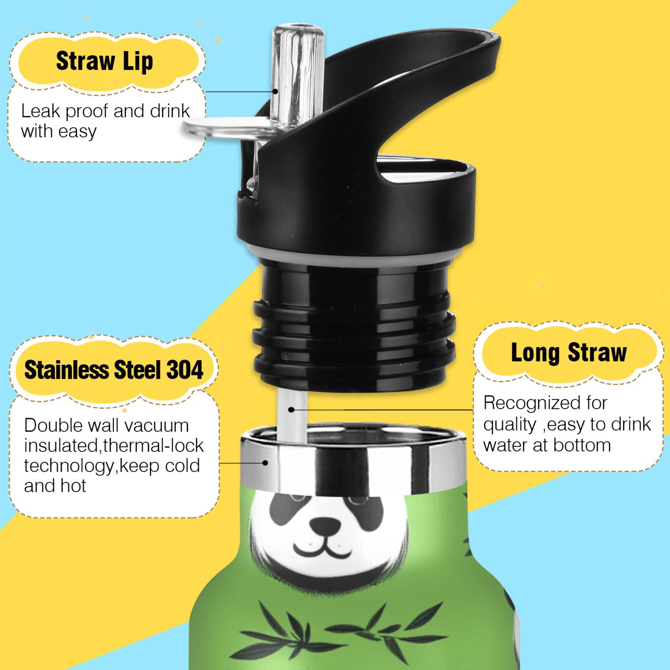 Kids Insulated Stainless Steel Sports Water Bottle 600ml (20oz) Cute Panda Heads