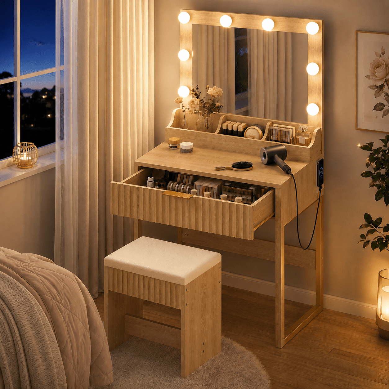 Ktaxon Flutted Makeup Vanity Table w/Stool, Dressing Desk with Charging Station, For Femal Gift, Wood Color