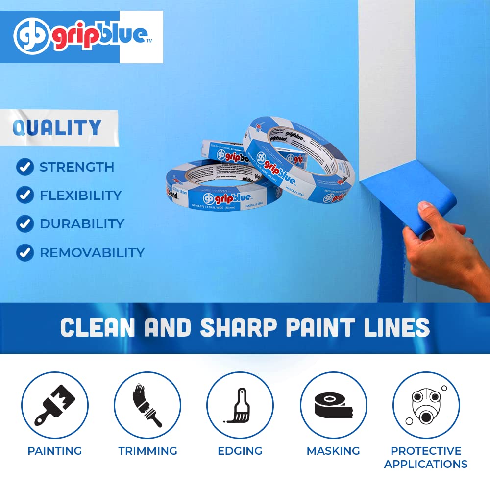 GripBlue Painters Tape 3/4 Inch Wide, 36 Rolls Multi-Surface Masking Tape, 0.70in x 60yds