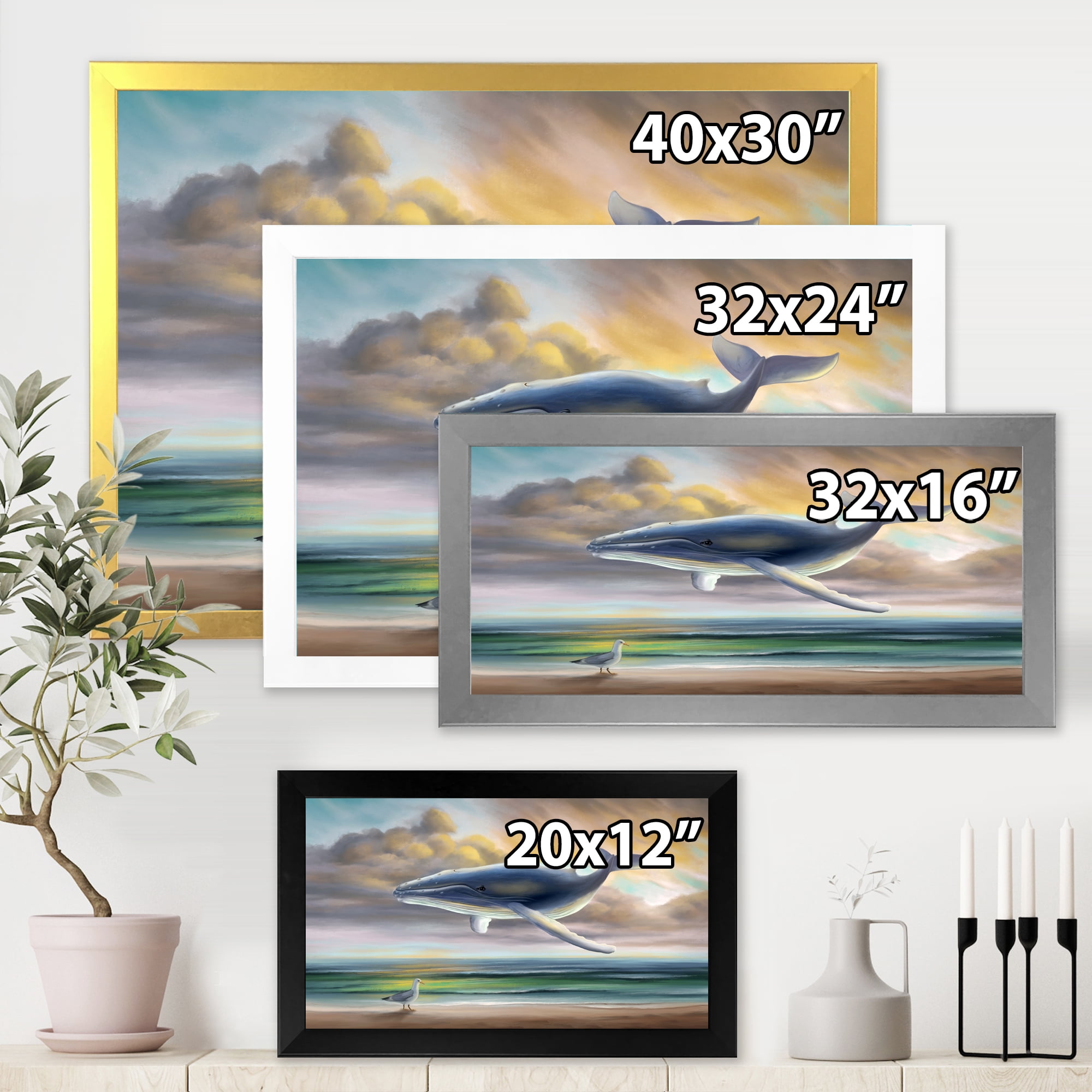 Designart 'Whale Floating In The Sky Over Beach' Children's Art Framed Art Print