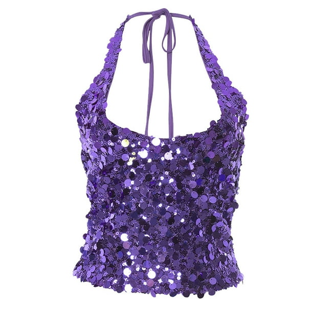 Tops cortos de fiesta de moda de color sólido con lentejuelas sin mangas y cuello en V para mujer, top de poliéster para mujer