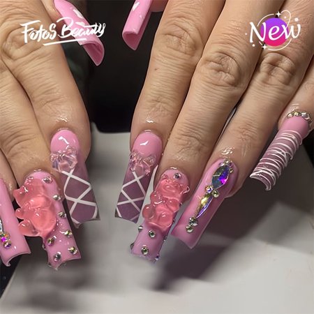 Fofosbeauty 24pcs Press on Nails, Fake Nails, Full Cover Acrylic Nails for Girls Women Kids, Coffin 3D Bear Bow Pink Gradient