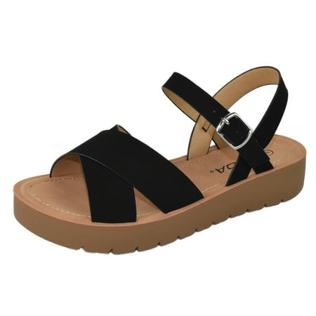 

Soda Shoes Women Flat Sandals Flatform Ankle Buckle Criss Cross Band Straps Chester-S Black 5.5