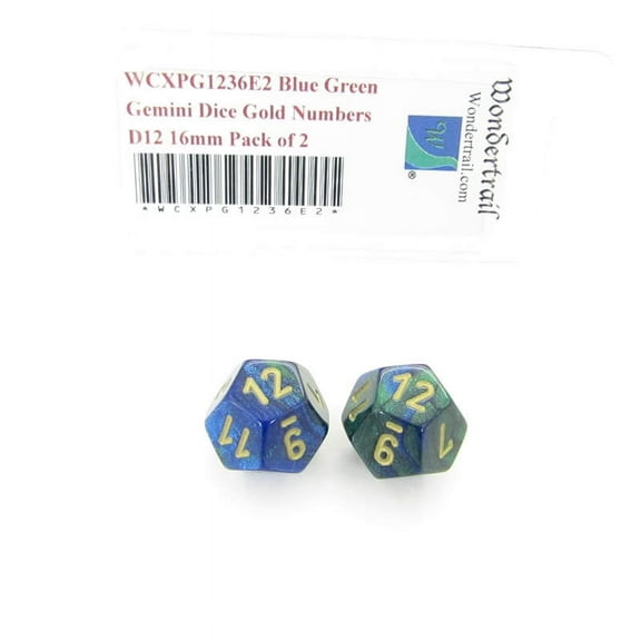 Blue and Green Gemini Dice with Gold Numbers D12 Aprox 16mm (5/8in) Pack of 2 Wondertrail