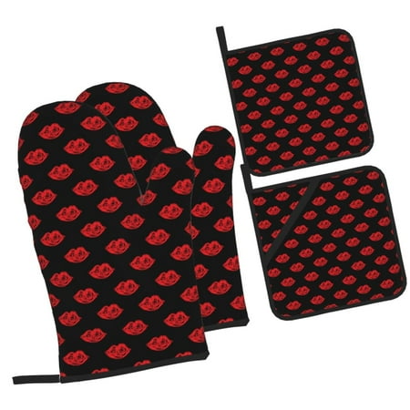 

Fotbe Red Beautiful Lips for 4Pcs Oven Mitts and Pot Holders 500℉ Heat Resistant Oven Mitts Non-Slip Silicone Surface Safe for Baking Cooking BBQ