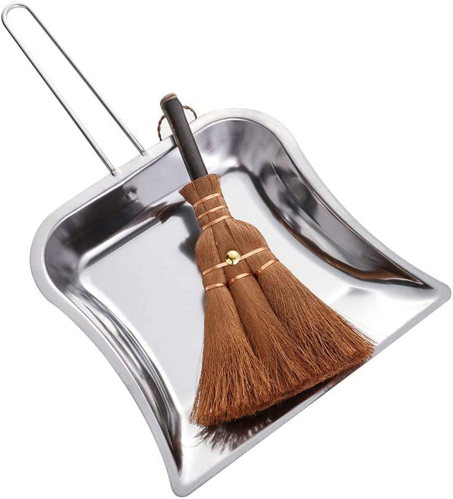 XmhyTop Small Metal Dustpan and Brush Set Heavy Duty Vintage Dust Pan Natural Handmade Broom Dust Shovel for Fireplace Garage Workshop Tabletop