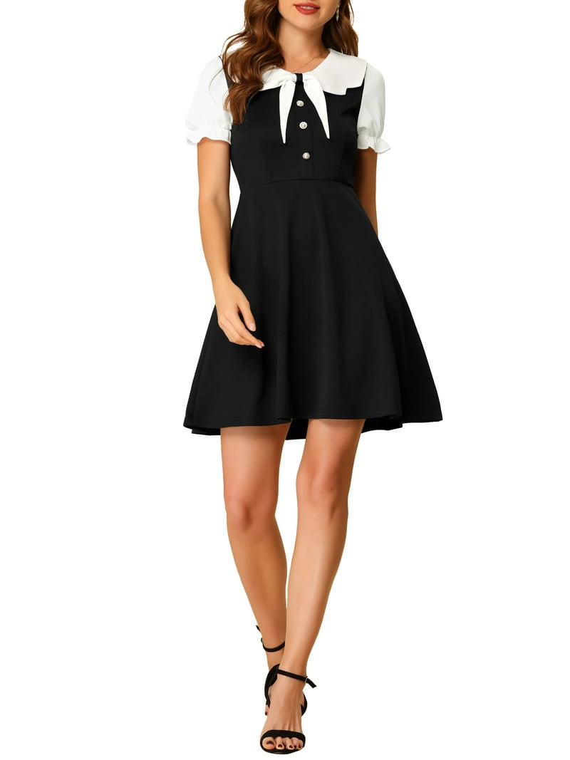 Inspire Chic Women's Peter Pan Collar Dresses Short Sleeve A-Line Mini Dress S Black, Size: Small