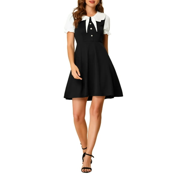 DARING DIVA Bowtie Neck Contrast Doll Collar Short Sleeve A-Line Dress XS Black