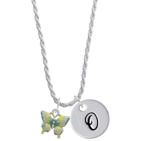 Delight Jewelry Silvertone Small Lime Green & Blue Butterfly Silvertone Script Initial Disc - O - Charm Necklace, 20"+3"