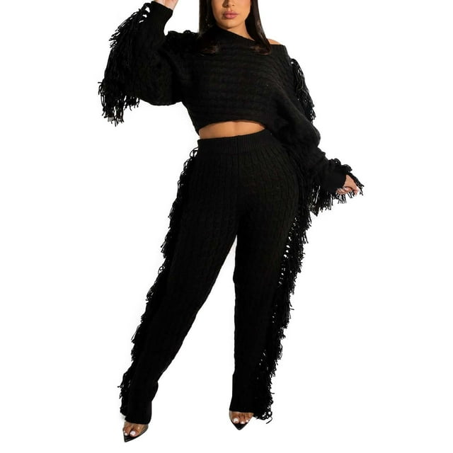 Gibobby Sudaderas de Forro Polar y Pantalones Conjunto casual de suéter con flecos de manga larga de punto sólido para mujer(Negro,XL)