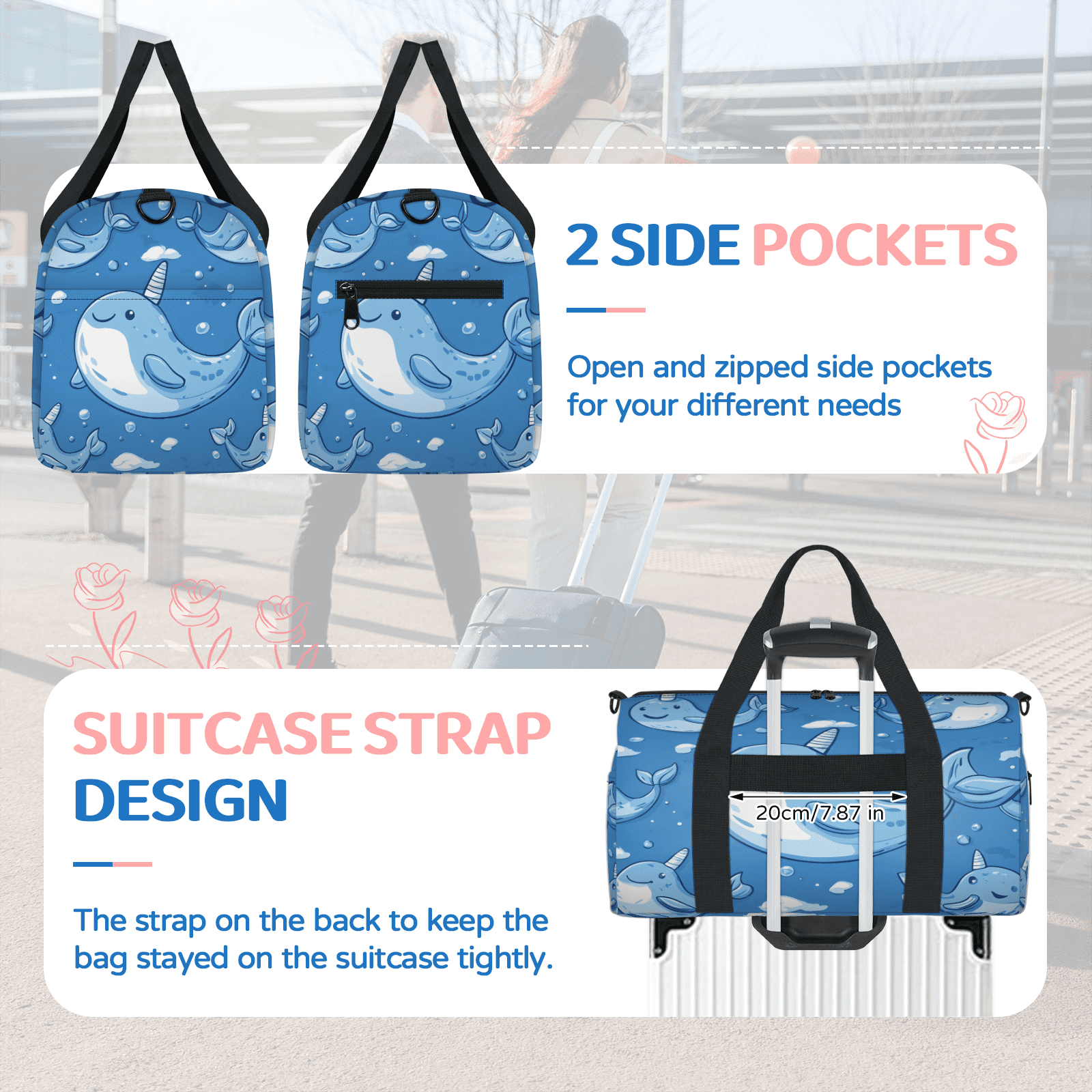 Herdesigns Funny Whale Gym Bag for Women, Duffle Bag for Travel Sport, Sea Animal Lightweight Waterproof Carry on Weekender Dance Yoga Workout Bags