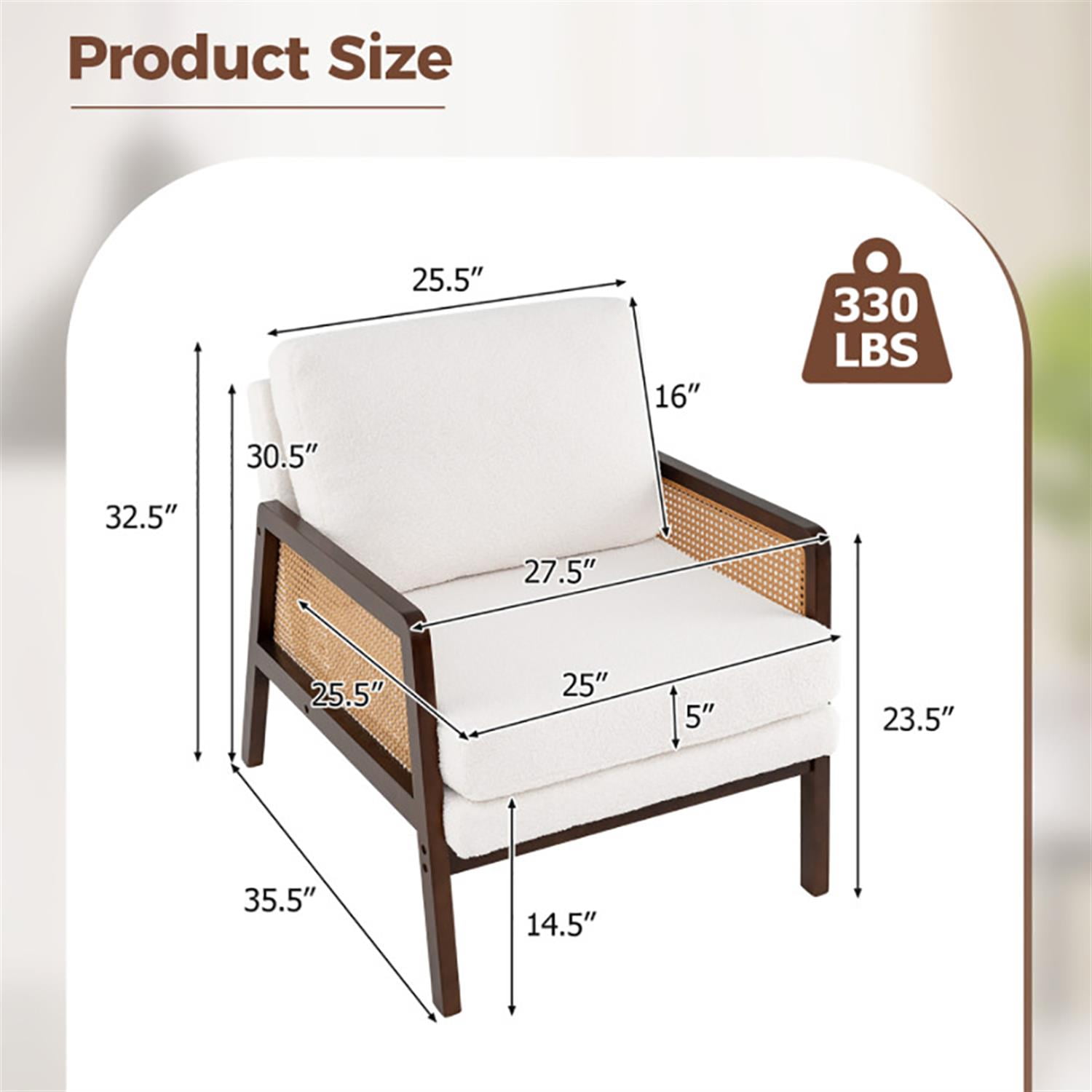 Demi Bonn Modern Accent Chair, Elegant Armchair with Rattan Arms and Cushion, Suitable for Living Room Bedroom Reception Room Office, Brown