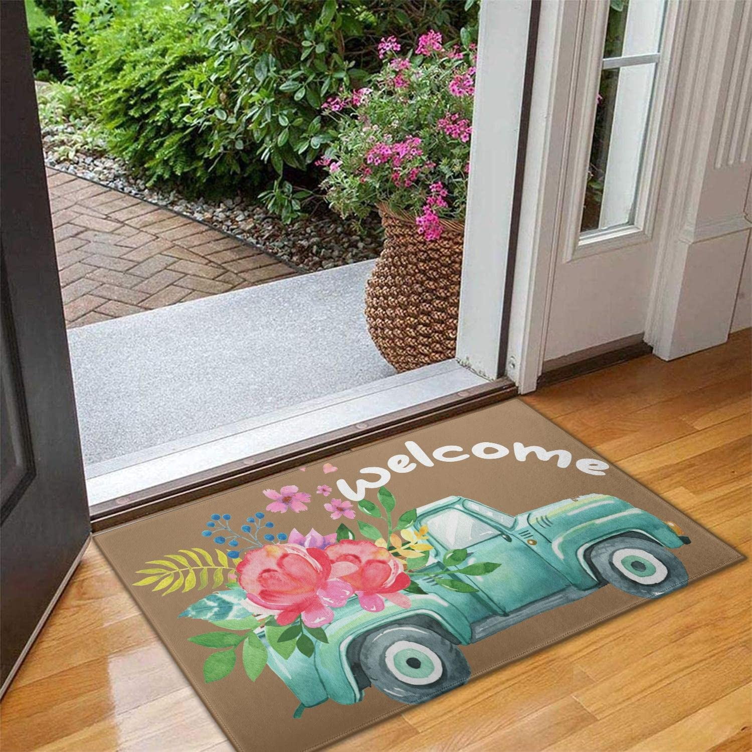 Truck Flower Spring Doormat Non-Slip Absorbent Resist Dirt Front Door Mat Machine Washable Welcome Mats Outdoor Inside Floor Rugs for Entryway 30" X 17"