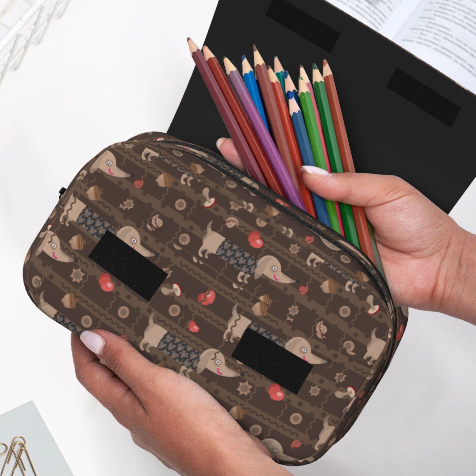 Rateoe Dachshund Dog Puppy Pattern Double Clamshell Pen Case, Storage Organizer with Two Zipper Compartments– Holds Up to 50 Pencils & Pens
