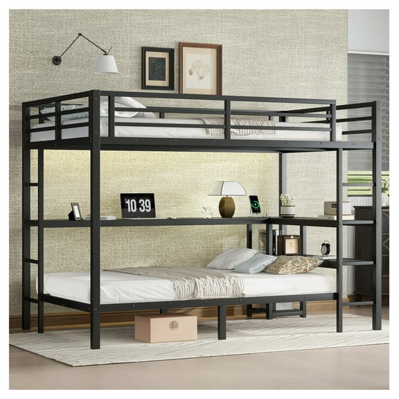 FULL Over Twin Bunk Bed with Desk and Shelves with LED and USB