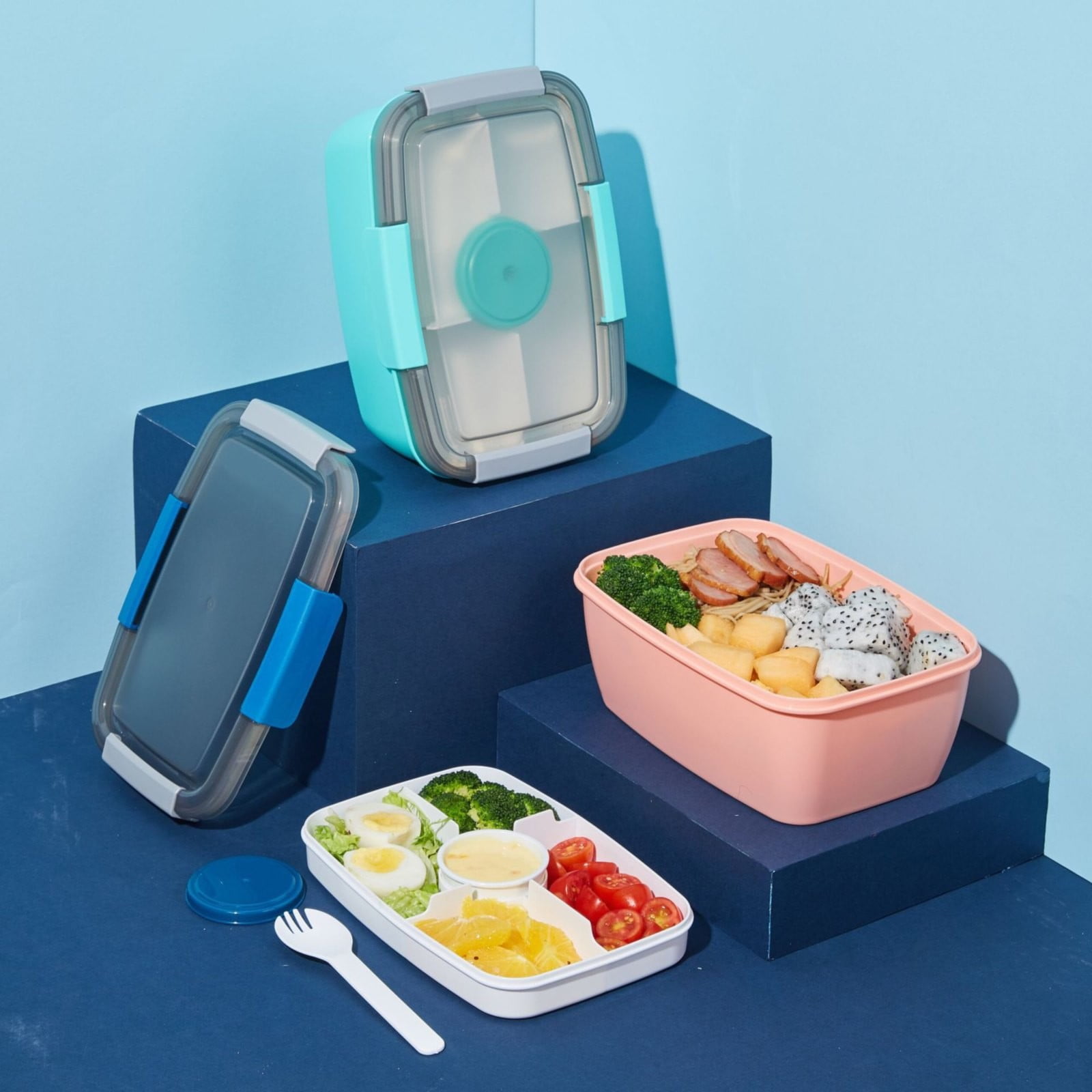 pdqouc Salad Lunch Container with Salad Bowl - Large Adult Bento Lunch Box, 5-Compartment Bento-Style Tray for Toppings, 3-oz Sauce Cups for Dressings, Stackable Clearance