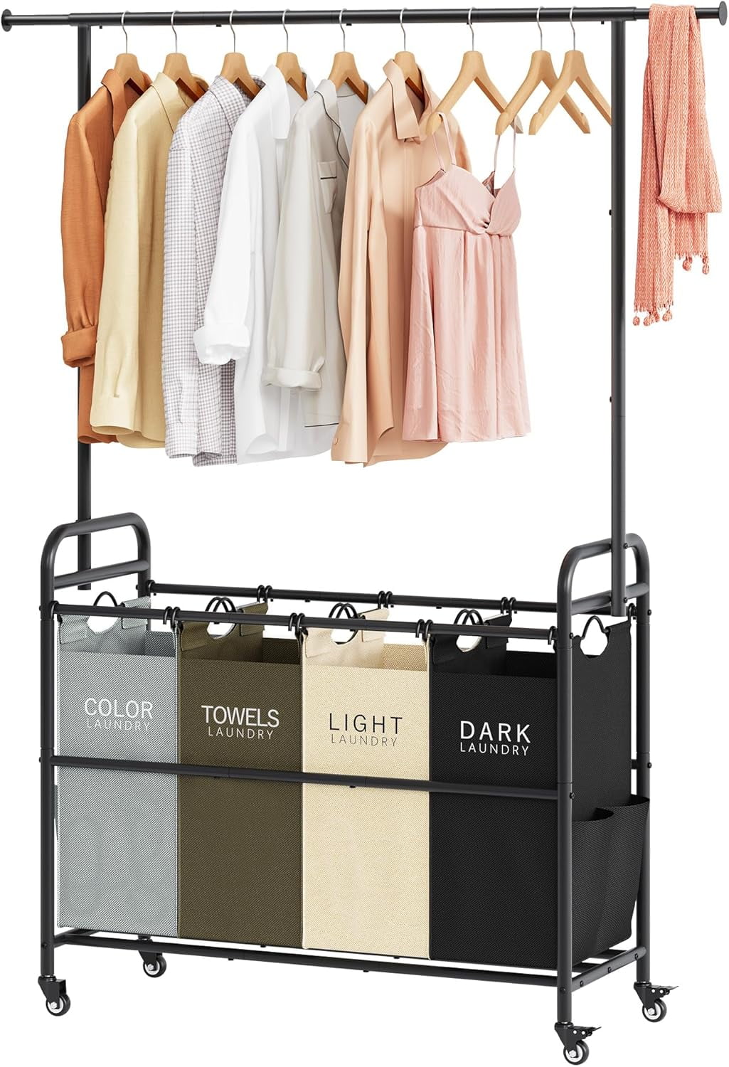 Laundry Hamper with Hanging Rack, Laundry Sorter 4 Sections, 4 Basket Butler with Lockable Wheels and Removable Bag, Rolling Laundry Cart for Bedroom, Beige