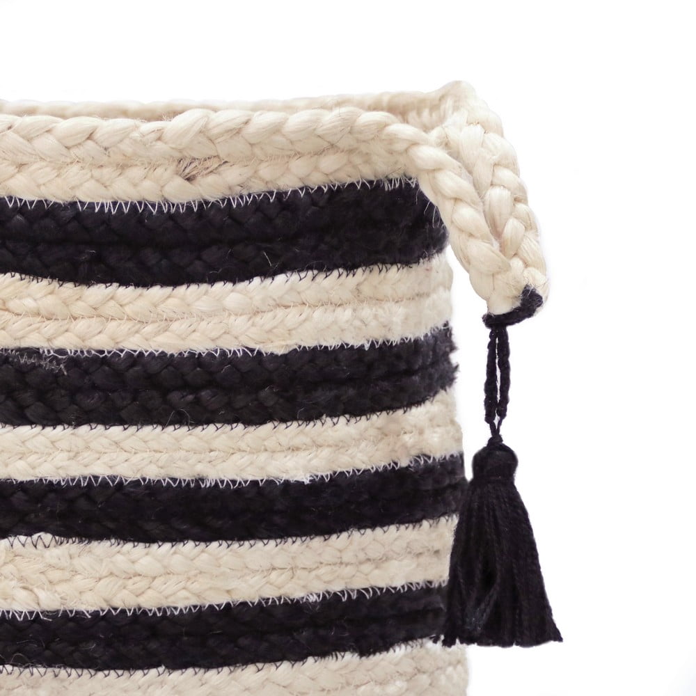 LR Home Woven Round Jute 19" Storage Basket with Handles, Black/White Multi Stripe