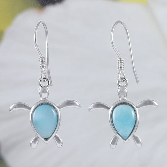 Beautiful Hawaiian Genuine Larimar Sea Turtle Earring, Sterling Silver Larimar Turtle Dangle Earring, E8466 Birthday Wife Mom Valentine Gift