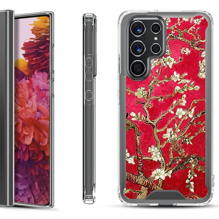 Shockproof Bumper Phone Case for Samsung Galaxy S22 Ultra 5G by OneToughShield ® - Almond Blossom Red