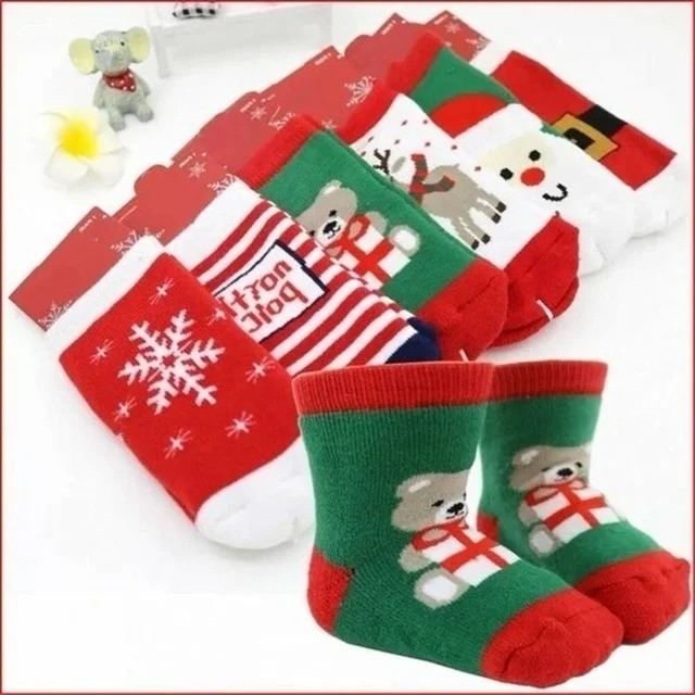 1 par de calcetines de algodón de invierno para bebés y niños, calcetines para niños, Terry, copo de nieve, alce, Papá Noel, oso de Navidad, regalo, ropa barata