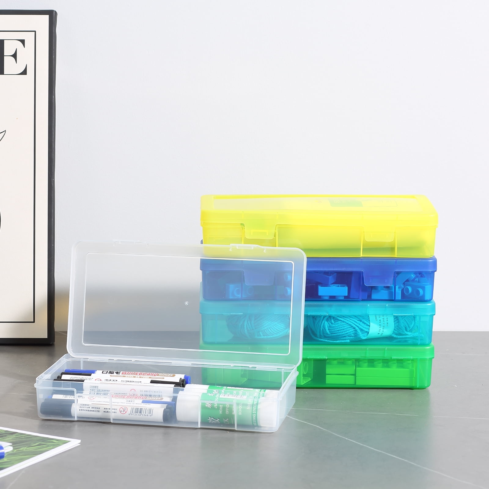Novelinks 9 Pack Medium Stackable Plastic Storage Box Containers Clear Hobby Art Craft Organizer Rectangle Box for Pencil Box Lego Crayon Beads Jewelry ,Colorful