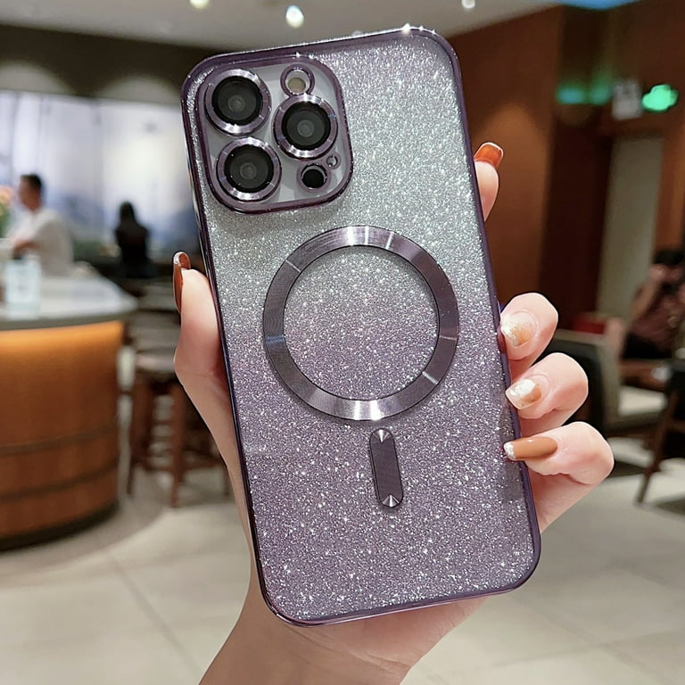 Feishell Magnetic Case for iPhone 14,Built with Glass Camera Lens Film,Compatible  with MagSafe Charging,Shockproof Lightweight Fashion Plating Bling Glitter  Paper Slim Phone Case,Darkpurple 