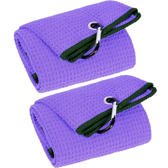 Vividly Paquete De 2 Toallas De Golf Triples De Tela De Microfibra Premium Con Patrón De Gofre Negro Con Mosquetón Resistente, Toallas De Golf Moradas Para Bolsas De Golf Para Hombres (Púrpura)