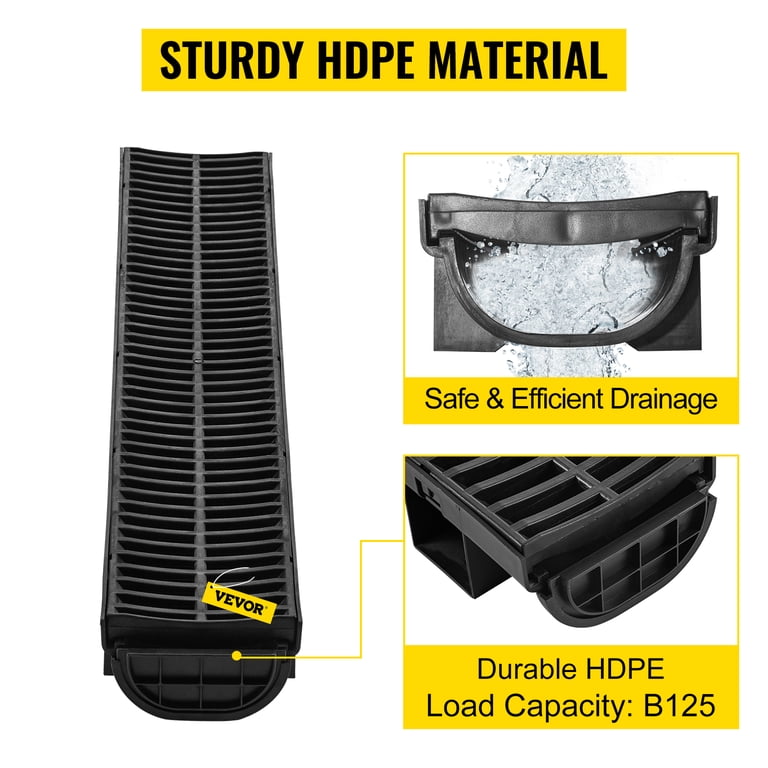 Homoyoyo HDPE Trench Drain System – U-Shaped Channel Drain With Resin Plastic Grate For Patios, Driveways & Garages (20.4" X 4.9" X 4.7")