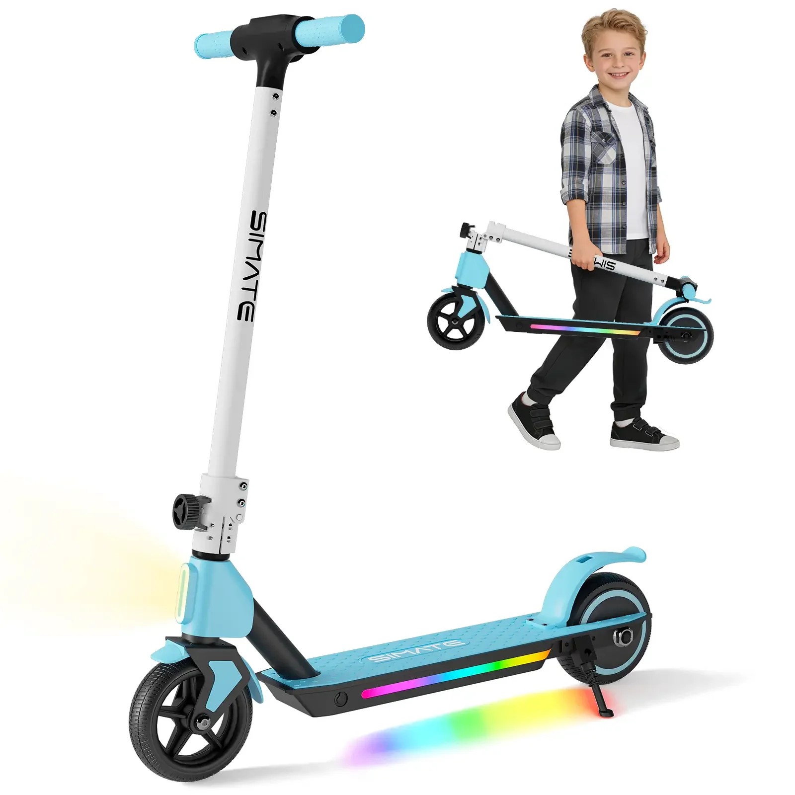 SIMATE Electric Scooter for Kids 6+, Foldable, LED Display & Lights, Dual Braking, 130W, 8.7mph,Blue
