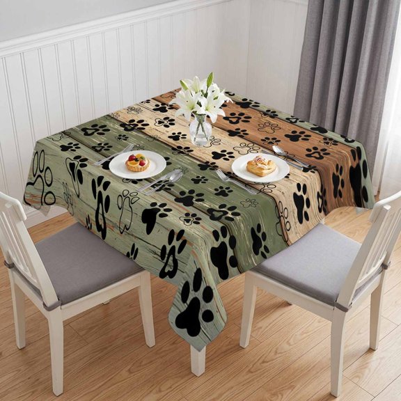 Grey Green Dog Paws Table Cloth Waterproof Tablecloths, Farmhouse Vintage Modern Brown Wood Tablecloth Dining Table Cover for Kitchen Party Tabletop Outdoor, Square Tablecloth 60x60 Inch