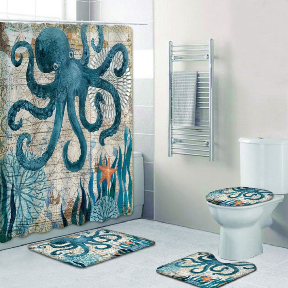 3D Golden octopus Shower Curtain Waterproof Polyester Fabric & Flannel Bath Mat 