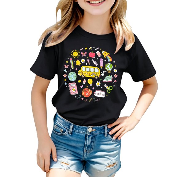 Kiijoy Girls Back-To-School T Shirt Graphic Short Sleeve Crew Neck T-Shirt,Black,Sizes 2-3
